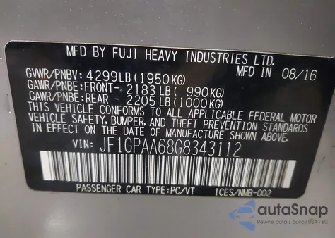 2016 Subaru Impreza 2.0I z USA, uszkodzony, nr VIN JF1GPAA68G8343112